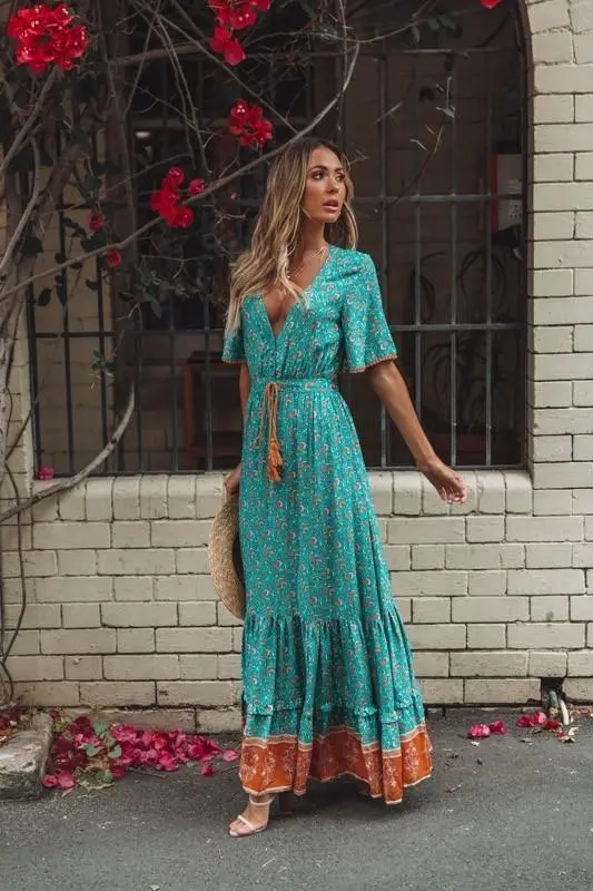 V-Neck Short Sleeve Boho Maxi Dress