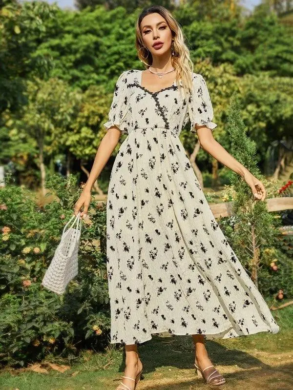Women Sweetheart Flounce Sleeve Floral Dress