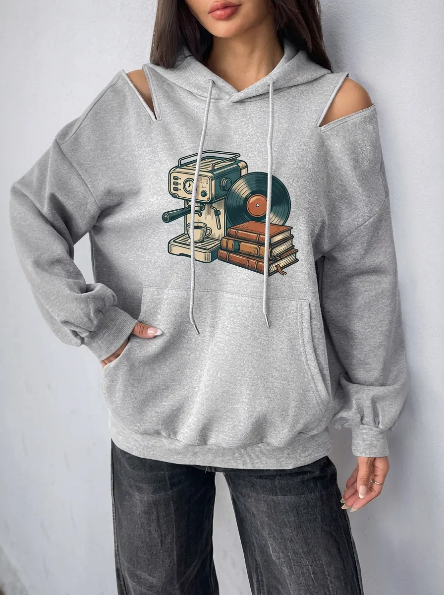 Women's Coffee Vinyl Book Lover Printed Cold Shoulder Hoodie