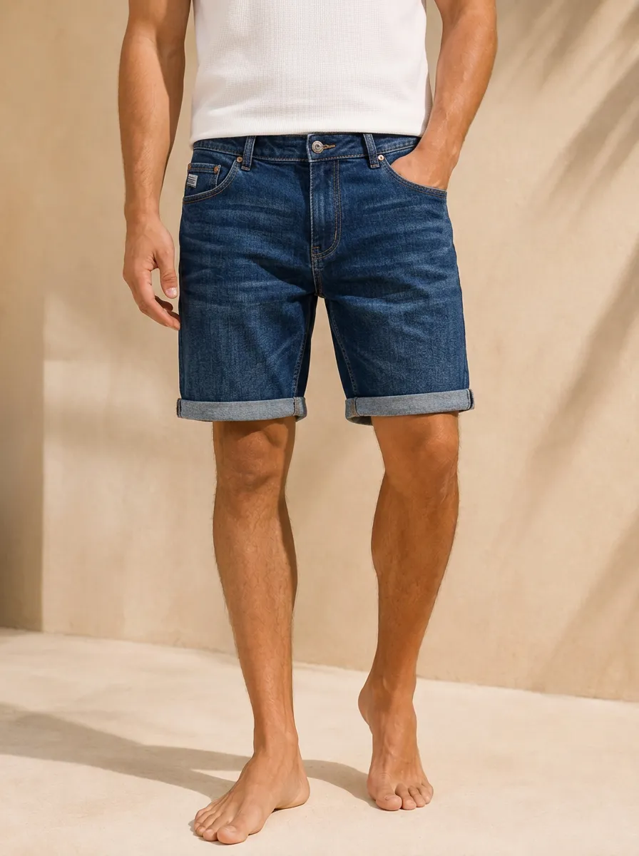 Men's Casual Summer Dark Blue Denim Rolled Cuff Shorts