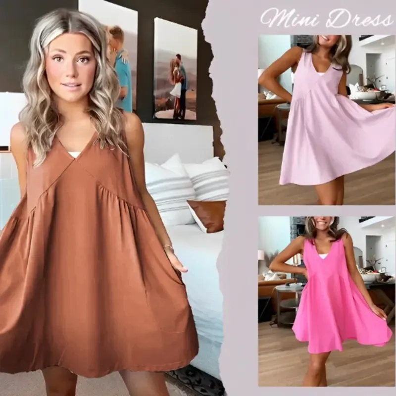 Women's Sleeveless Mini Dress Casual Loose V Neck Sundress with Pockets