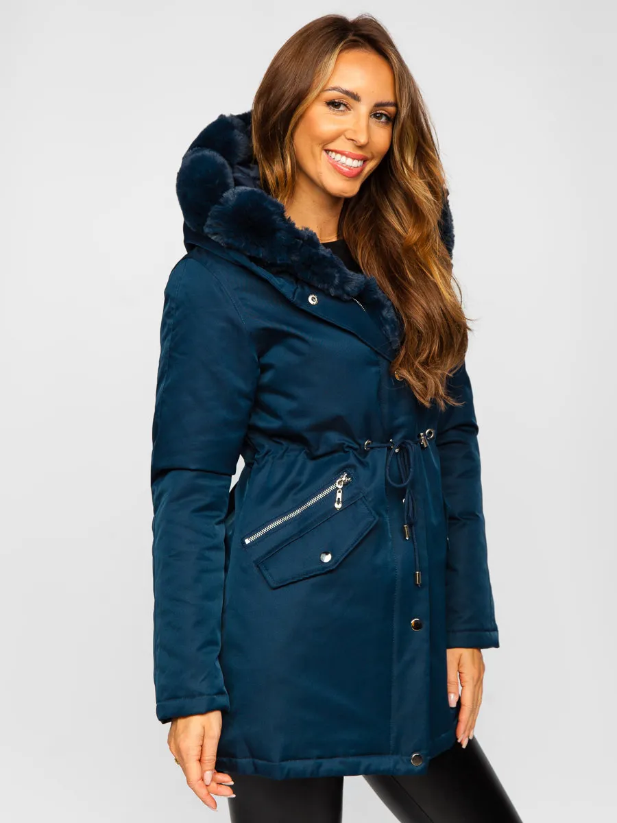 Dark blue women's winter parka with hood