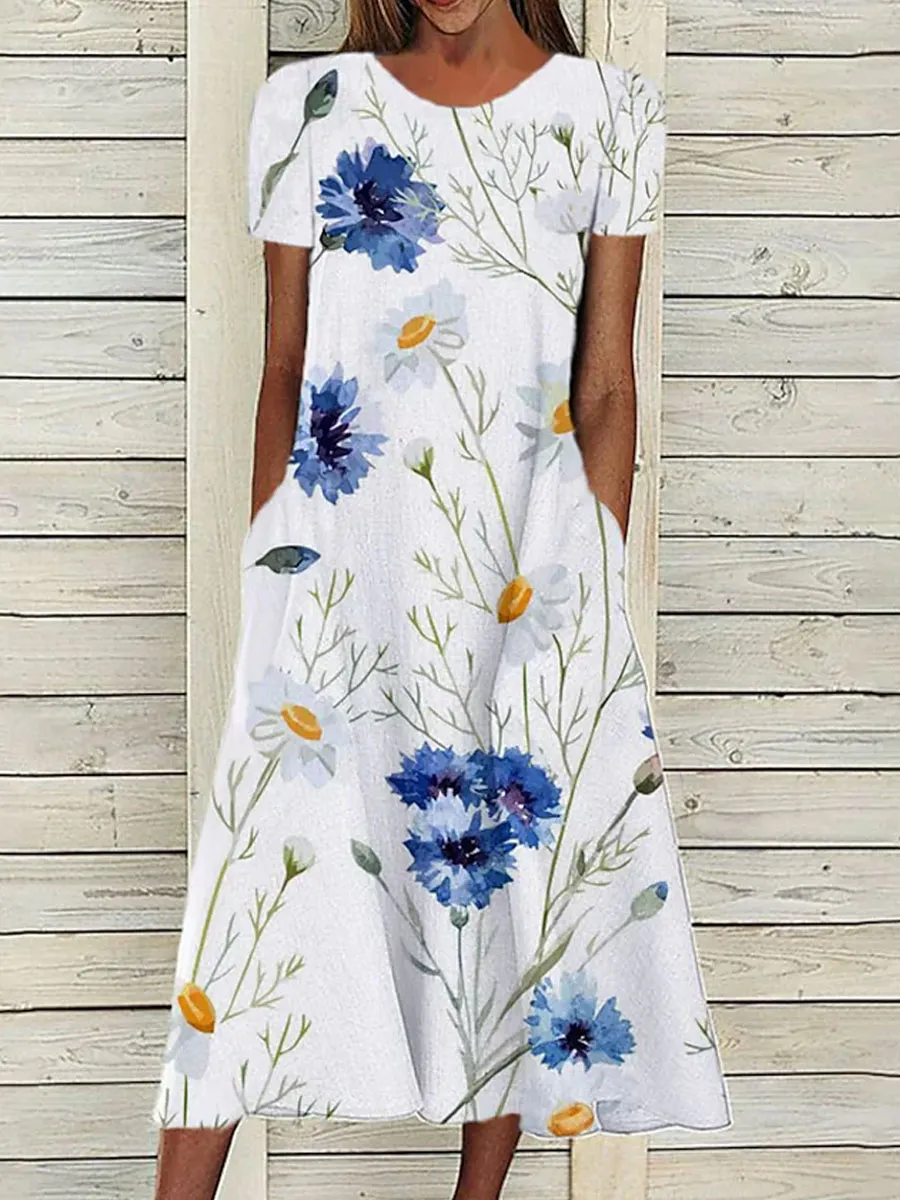 Round Neck Loose Casual Floral Print Short Sleeve Midi Dress