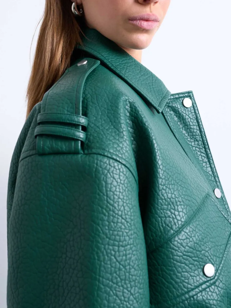 Textured Epaulet Ruched Leather Jacket