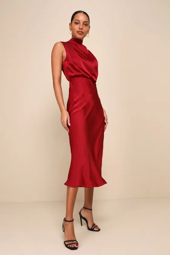 Distinctive Charm Red Orange Satin Asymmetrical Midi Dress