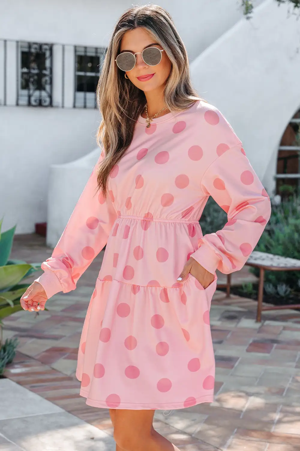 Polka Dot Printed Long Sleeve Mini Dress