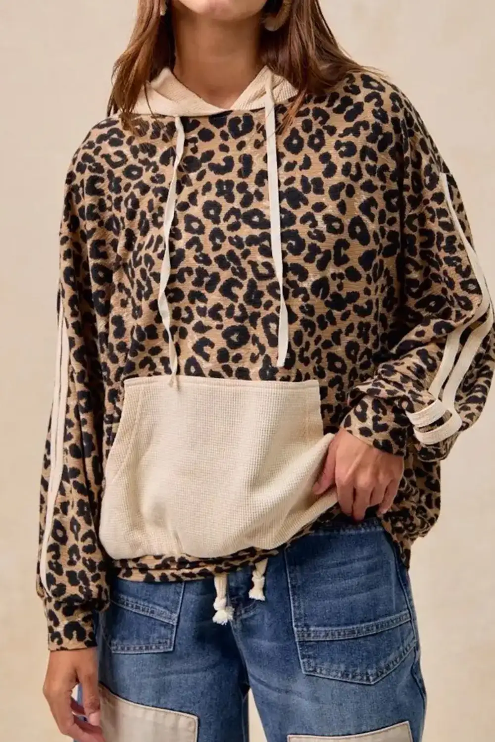 Leopard Print Waffle Knit Pocket Detail Hooded Sweatshirt
