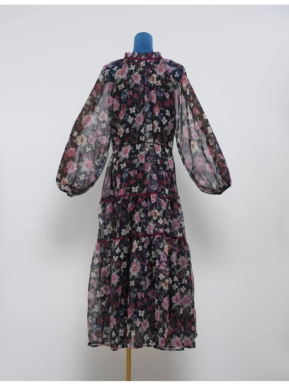 Boho Ruffle Neck Lantern Sleeves Midi Dress