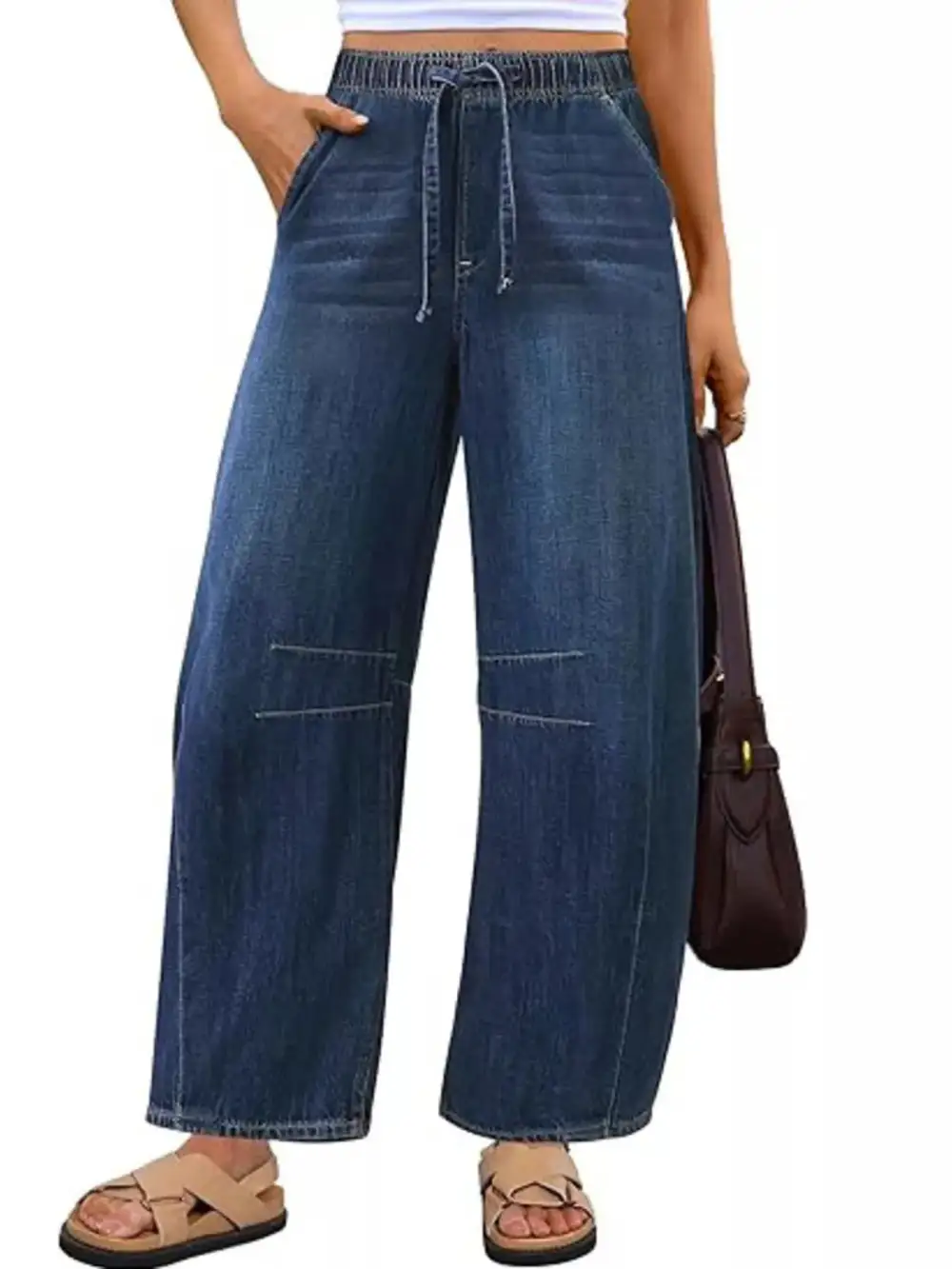 Sharp Wide Leg Elastic Waist Denim Jeans