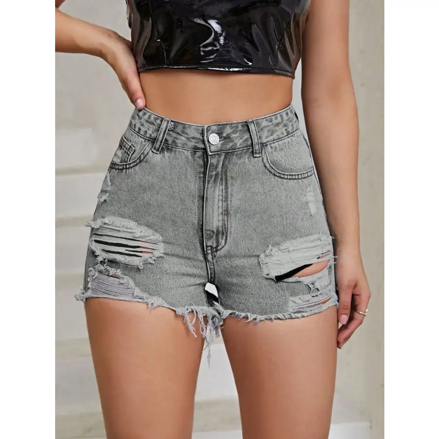 Distressed Raw Hem High Rise Denim Shorts