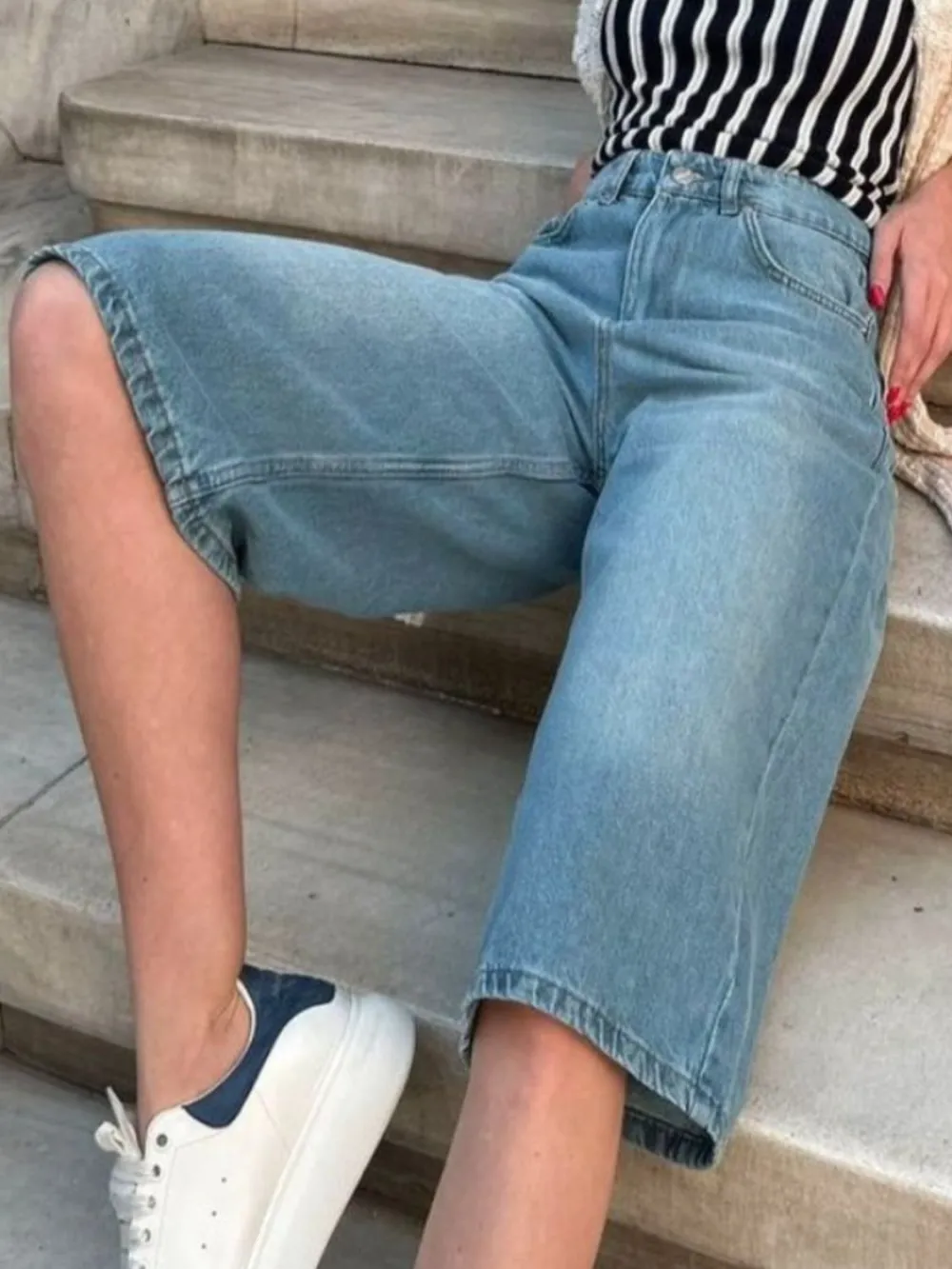 Textured High Waist Denim Shorts with Pockets