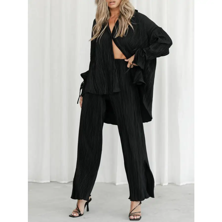 Button Up Long Sleeve Top and Pants Set