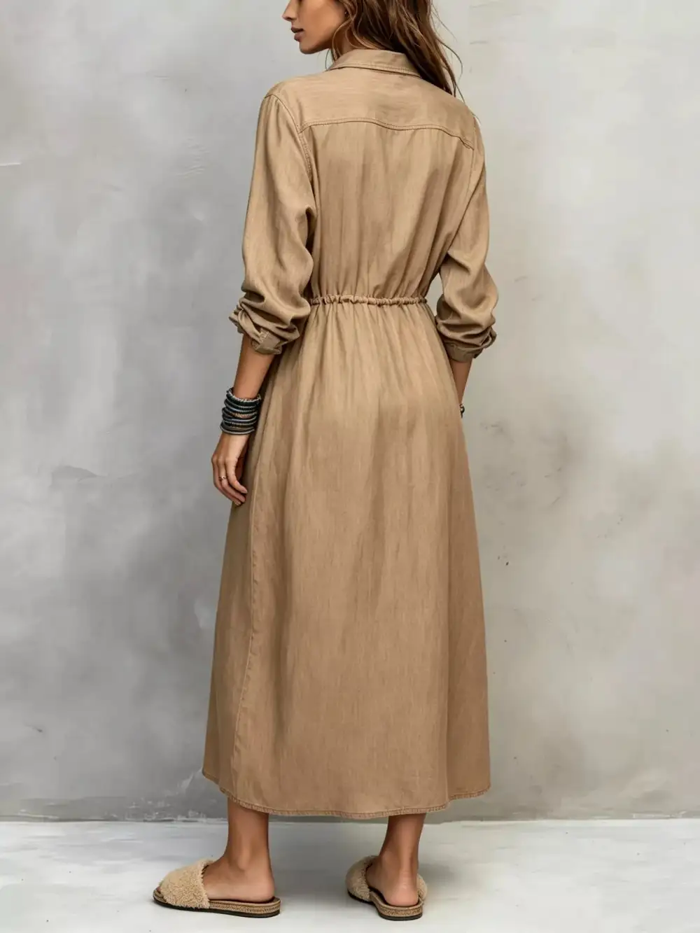 Button Front Long Sleeve Drawstring Waist Shirt Dress