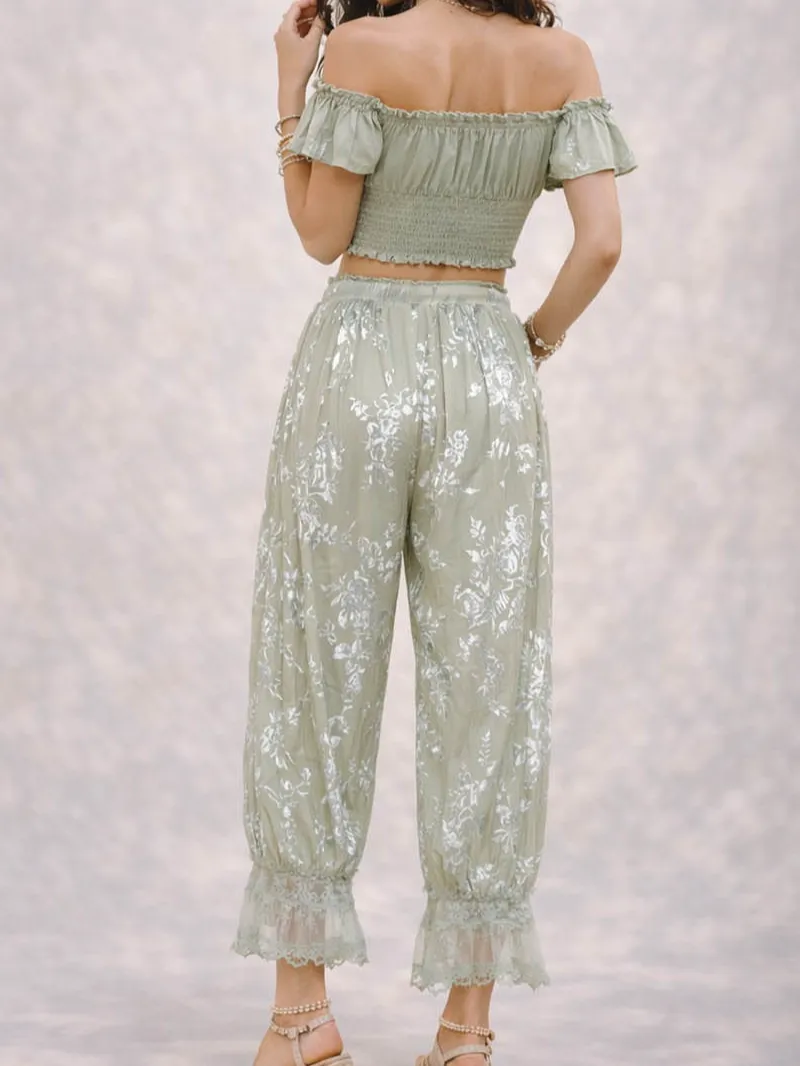 Lace Hem Flocked Elastic Waist Lantern Pants