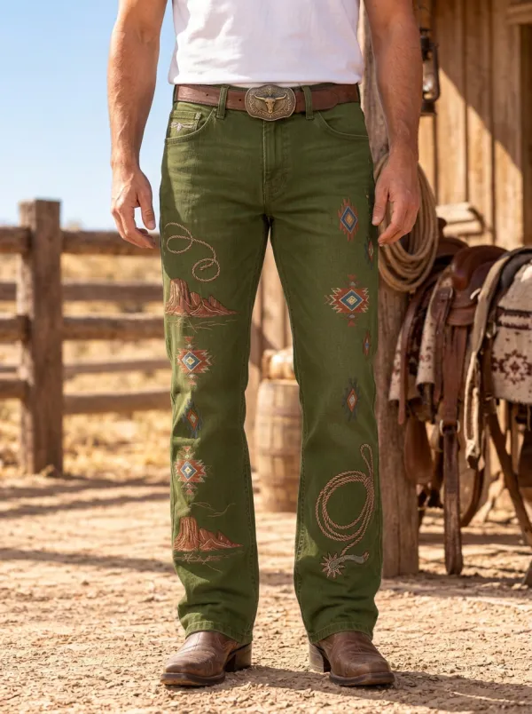 Men's Western Cowboy Lasso Mountain Aztec Printed Jeans