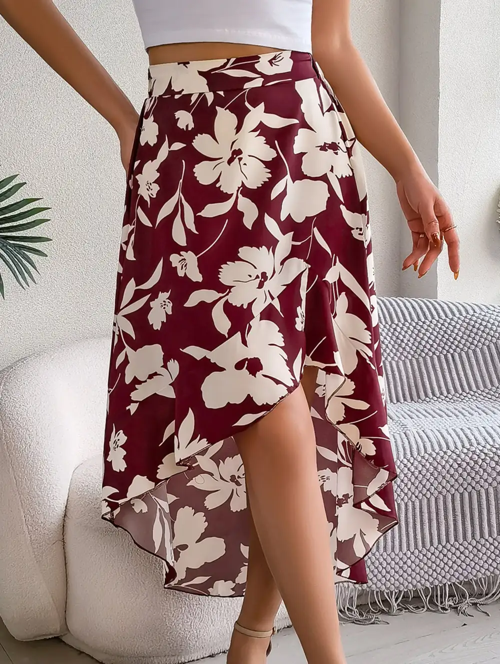 Floral Ruffle Irregular Midi Skirt