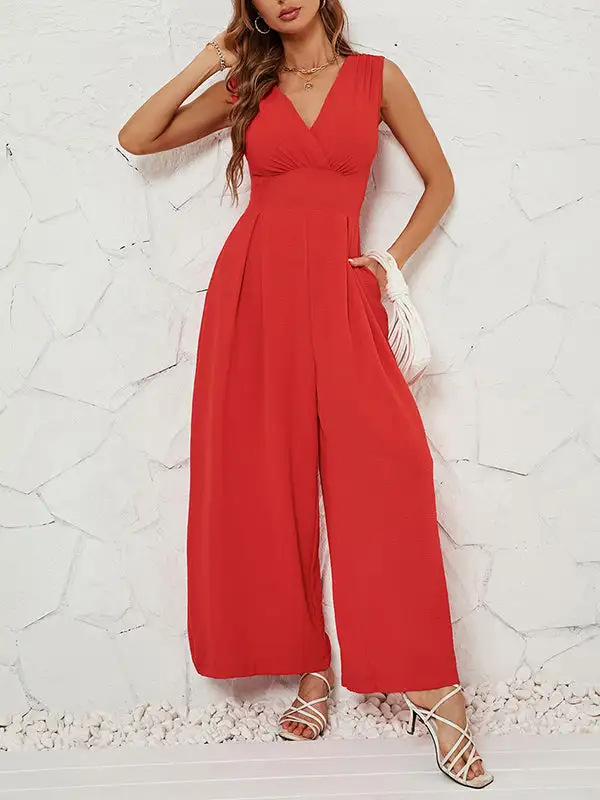 Losse Mouwloze Geplooide Jumpsuits Met Split Joint V
