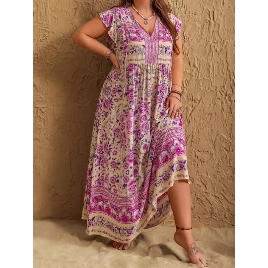 Plus Size Printed V Neck Cap Sleeve Maxi Dress