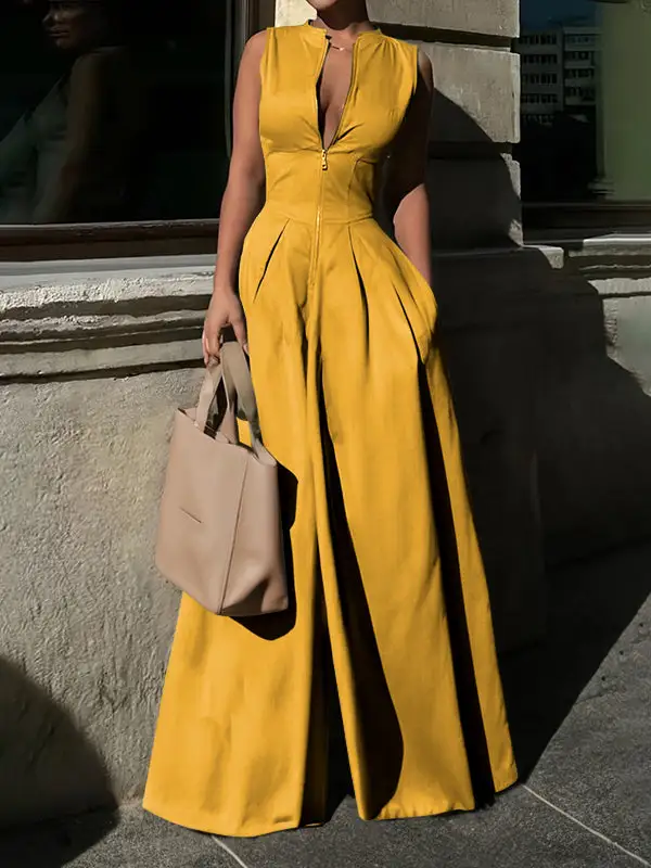 Jumpsuits Met Hoge Taille Losse Zakken Effen Kleur