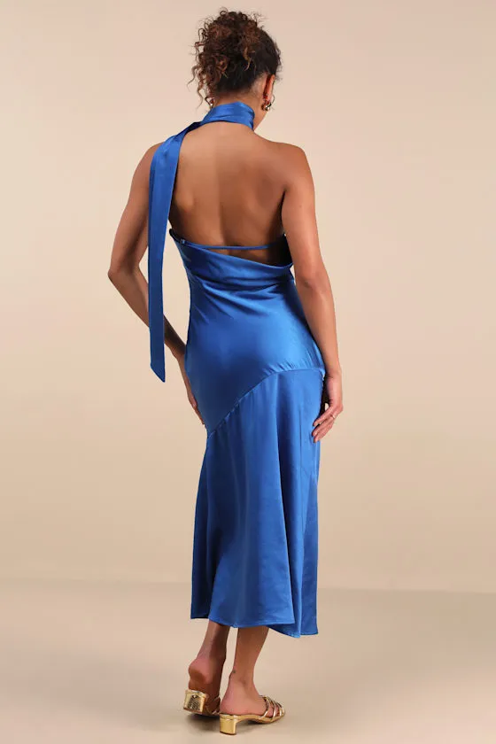 Reglan Blue Satin One-Shoulder Sash Midi Dress