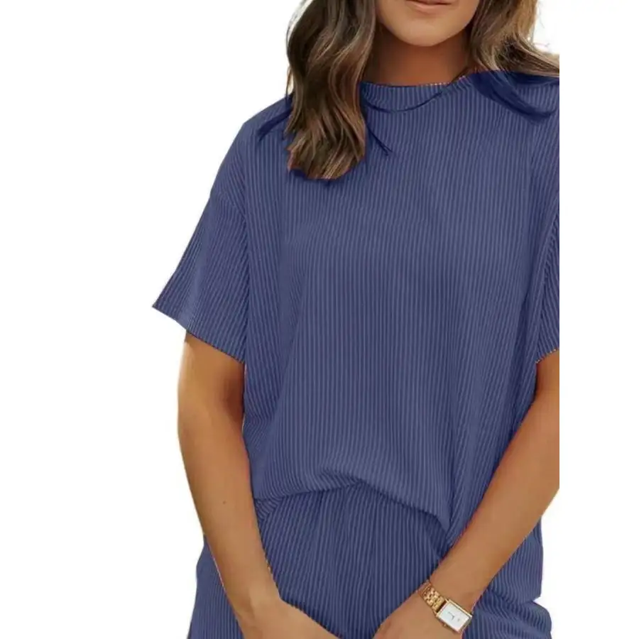 Ribbed Short Sleeve Top and Shorts Two Piece Set