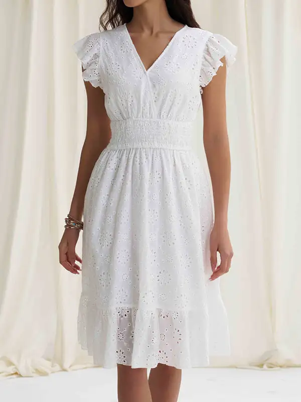 A Line Relaxed Elasticity Hollow Pleated Solid Color V Neck Mini