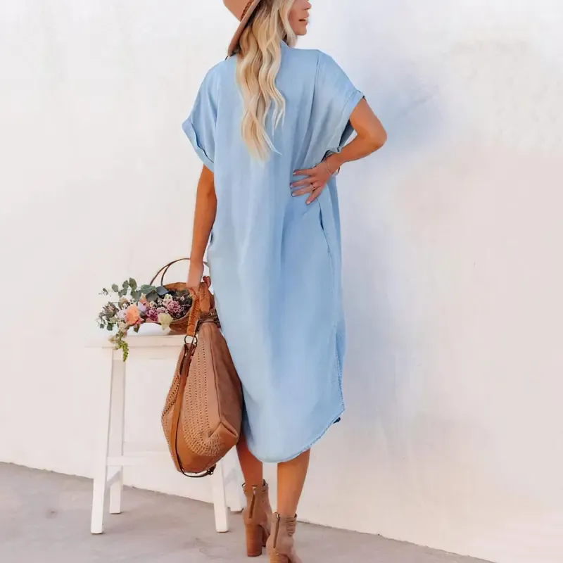 ⏰Hot Sale-Women's Loose-Fit Mid-Length Denim Shirt Dress🔥8-Pack - All Colors Included