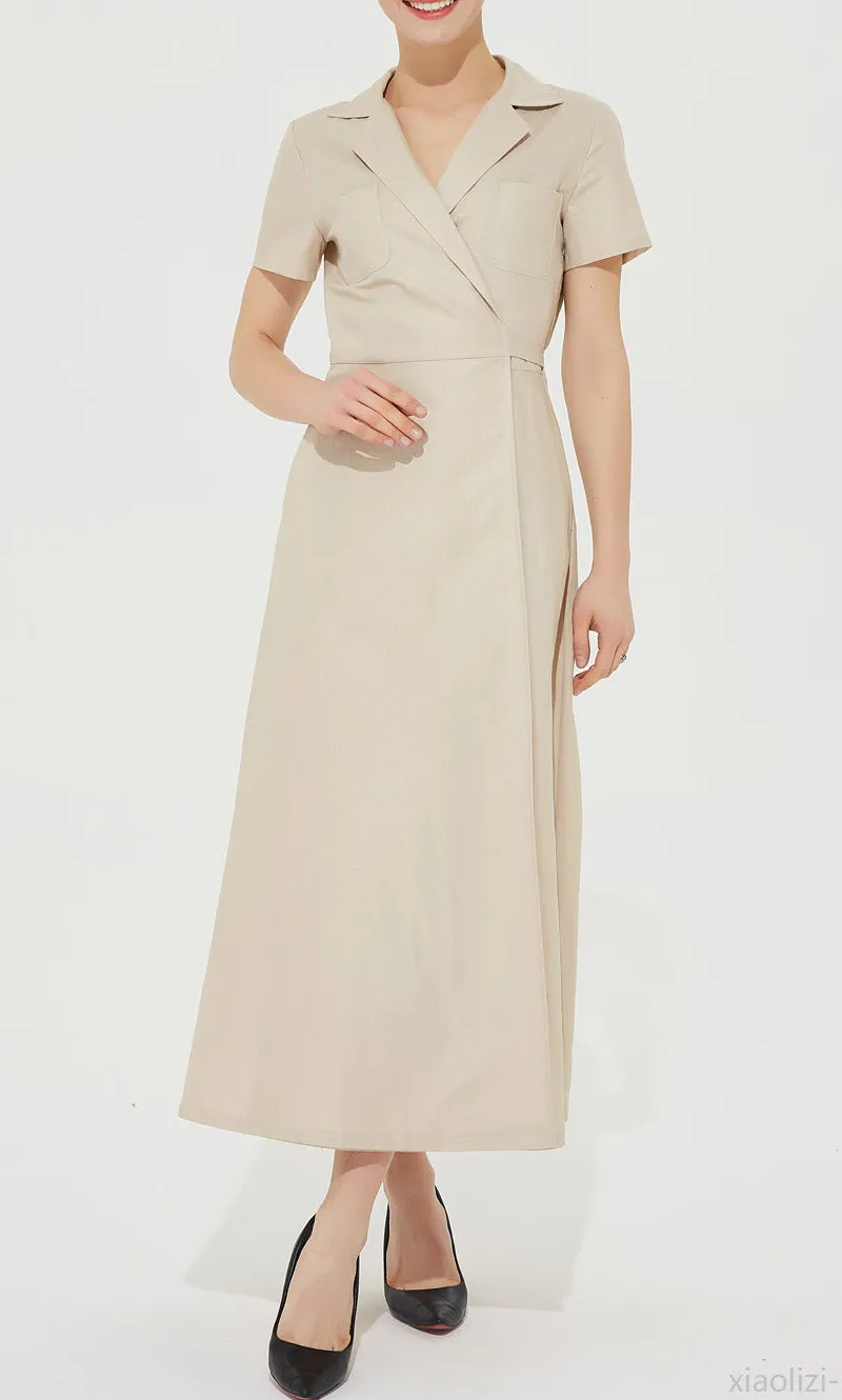 Linen Fit And Flare Wrap V Neck Short Sleeve Maxi Dress