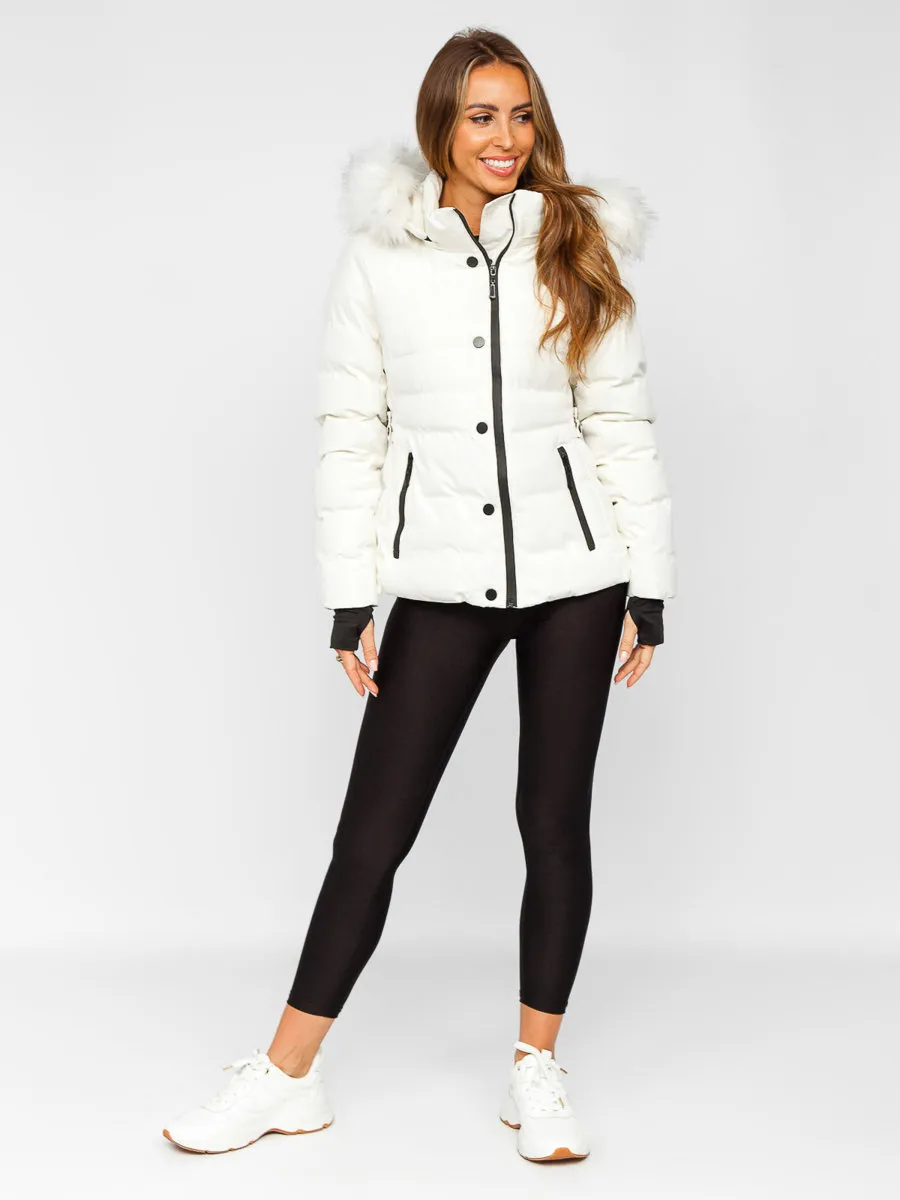 White women's quilted winter jacket with hood
