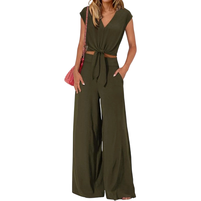Women's two-piece tracksuit: short-sleeved V-neck cropped top with tie and wide-leg pants.