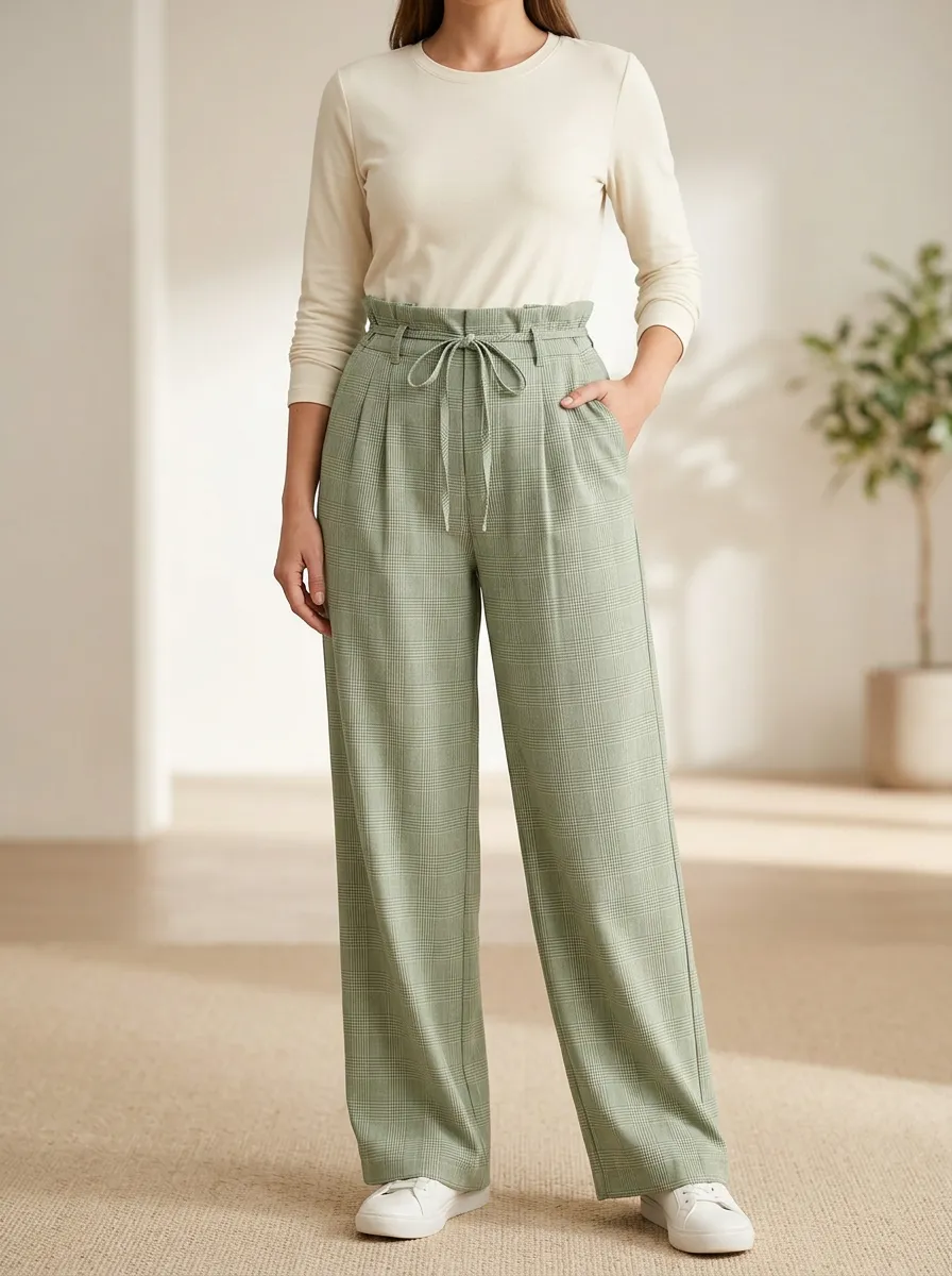 Women's Casual Plaid High-Waisted Tie-Front Print High-Rise Paperbag Waist Gathered Pants