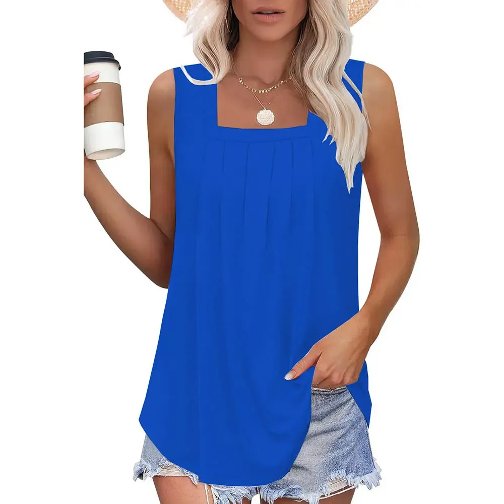 Summer Tank Tops for Women Loose Fit Pleated Square Neck Sleeveless Tops