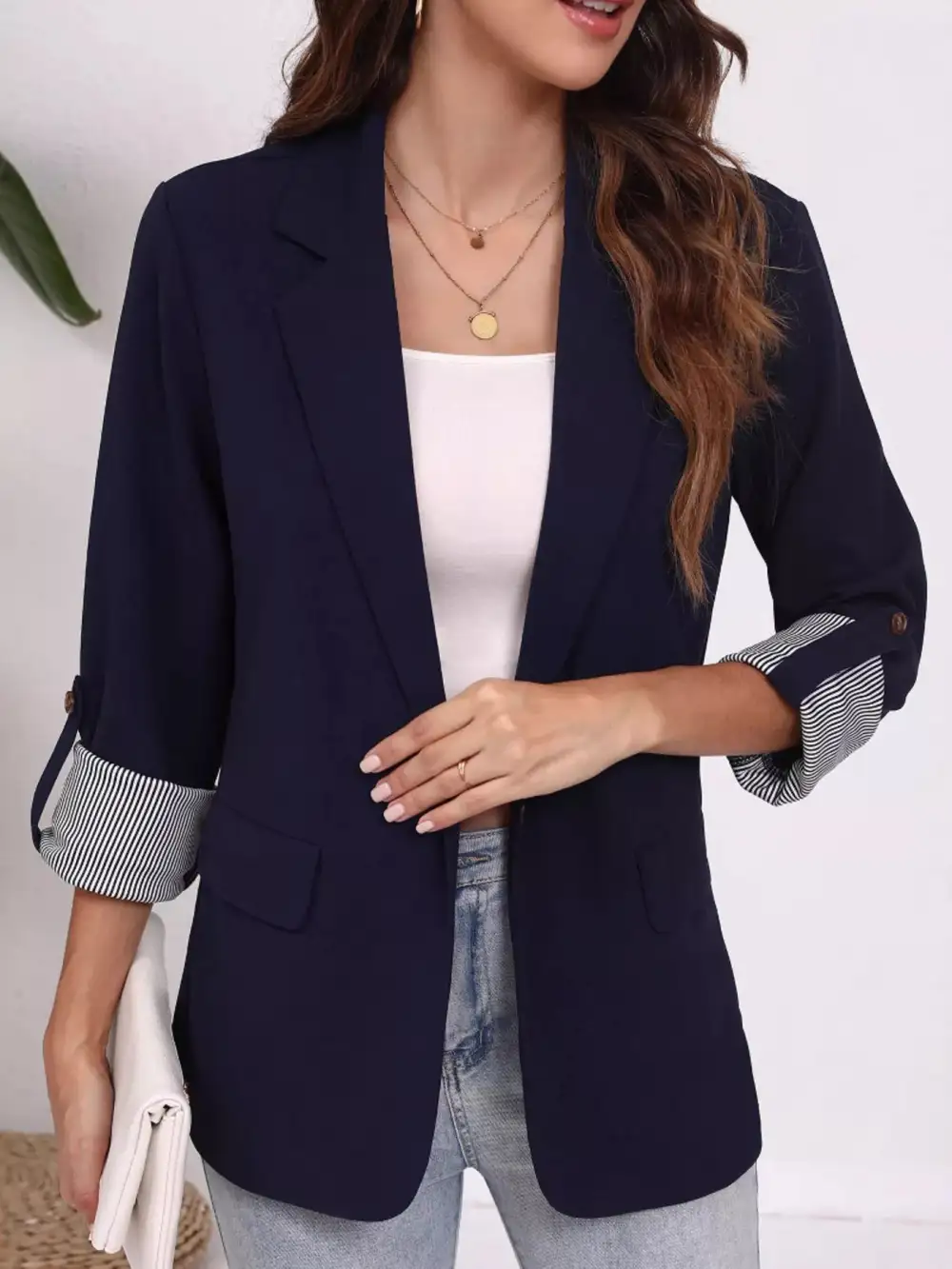 Lapel Collar Roll Up Sleeve Blazer