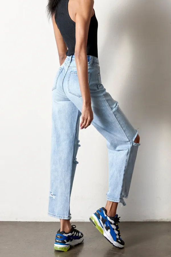 Women's Classic Ripped Straight Rigid Denim Jeans
