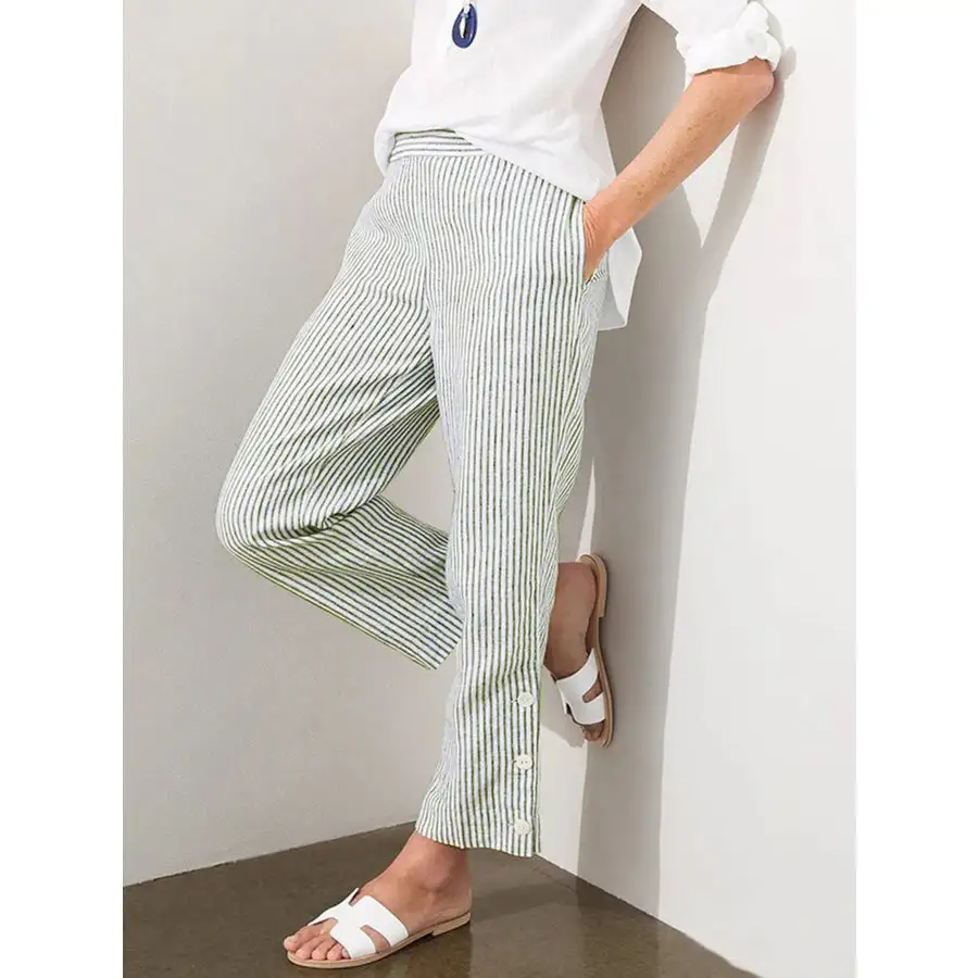 Full Size Striped Side Button Detail Pants Plus Size