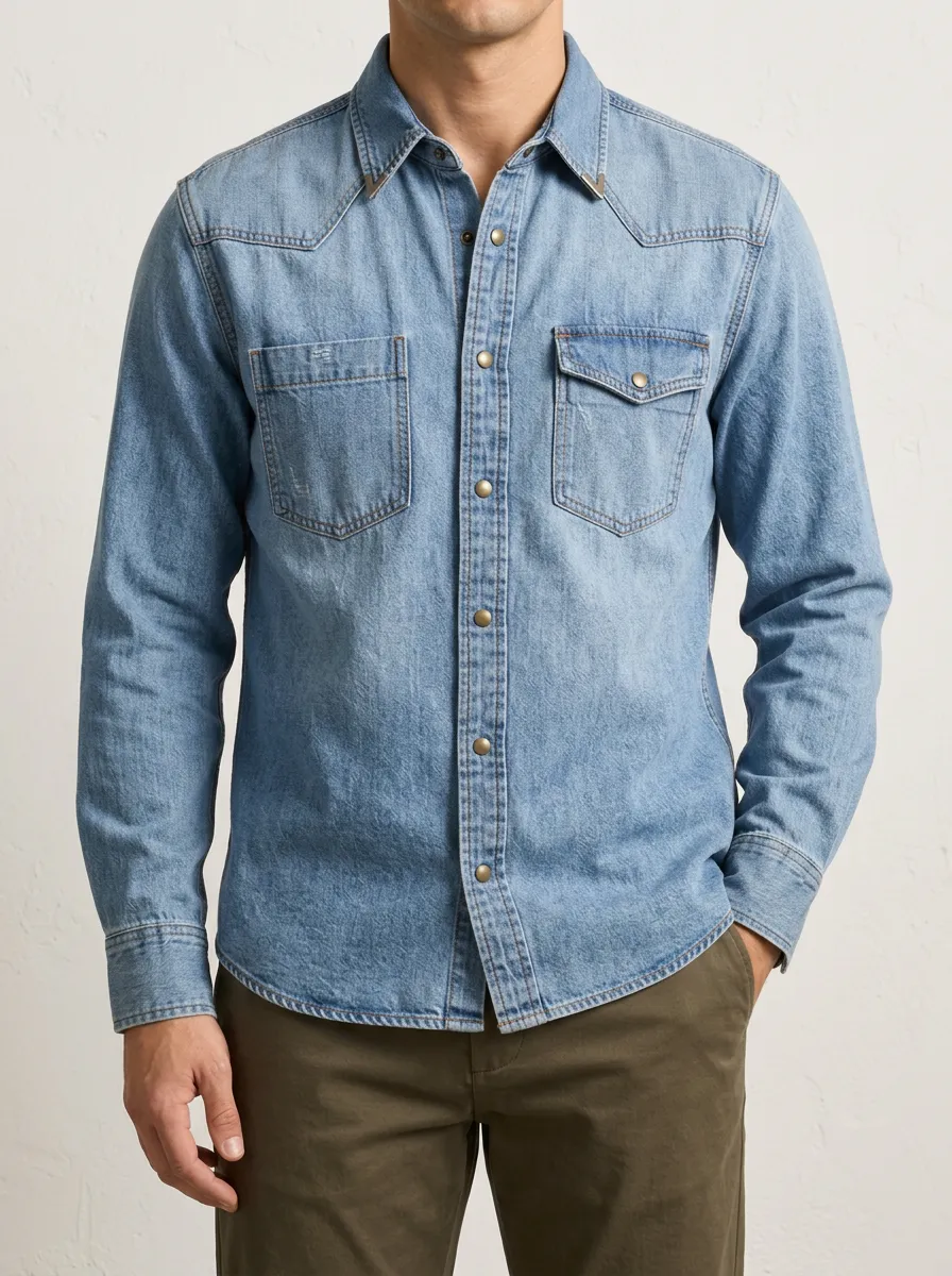 Washed Denim Snap-Front Shirt for Casual Layering