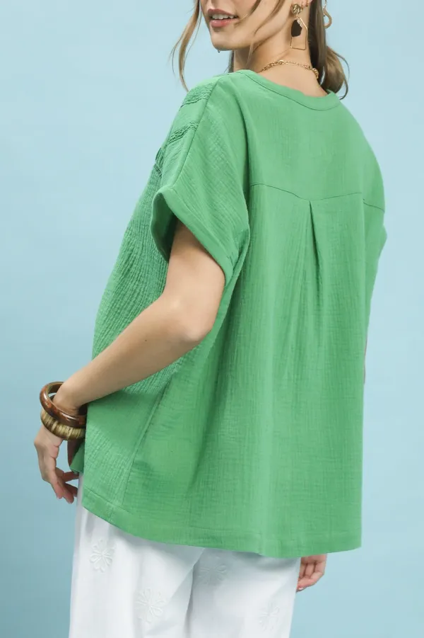Textured Gauze Embroidered Buttoned Split-Neck Boho Blouse