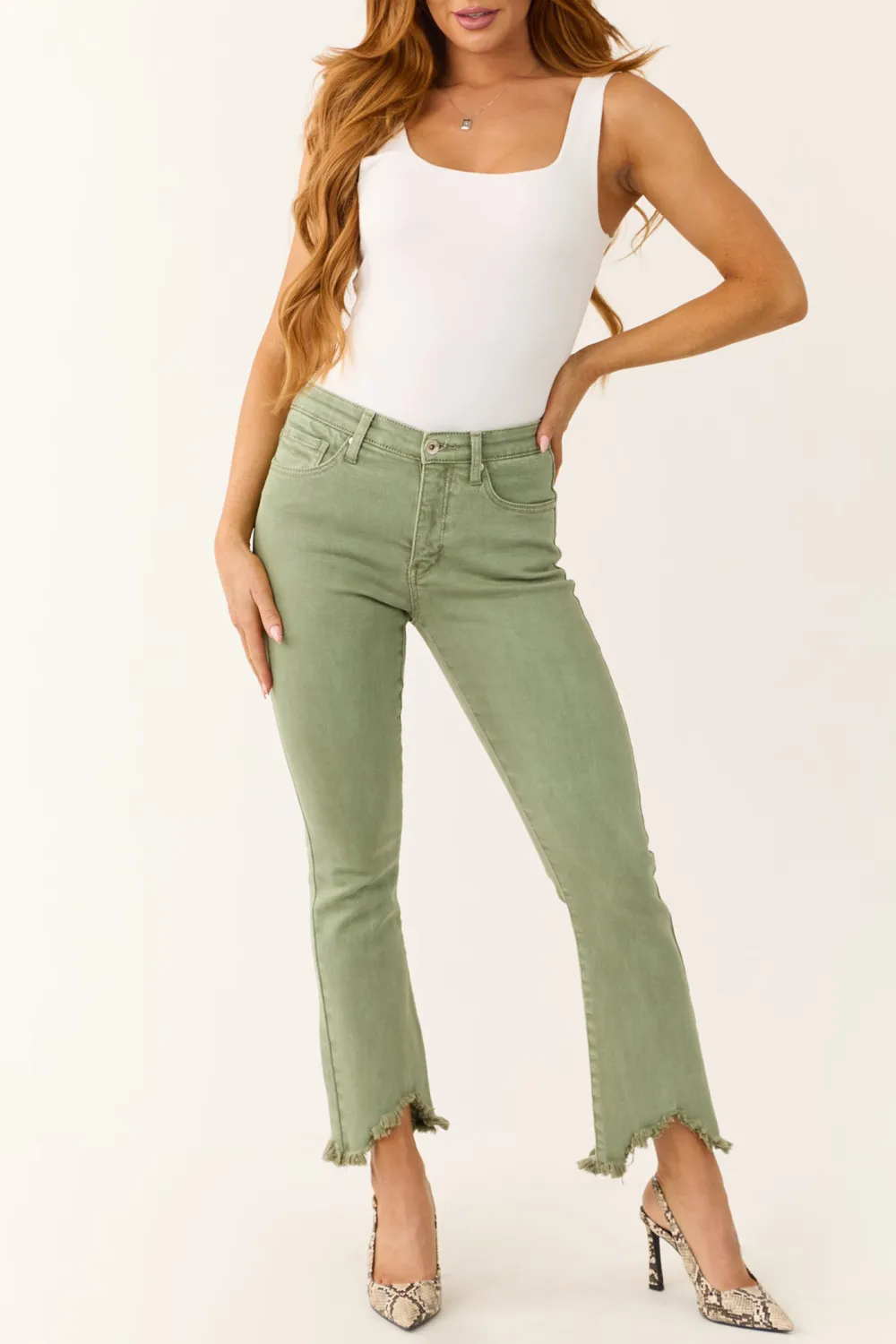 Olive Green Frayed Hem Jeans