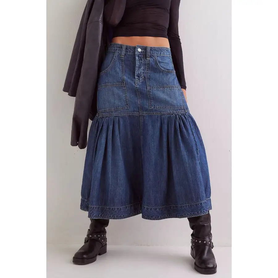 Midi Denim Skirt with Pockets