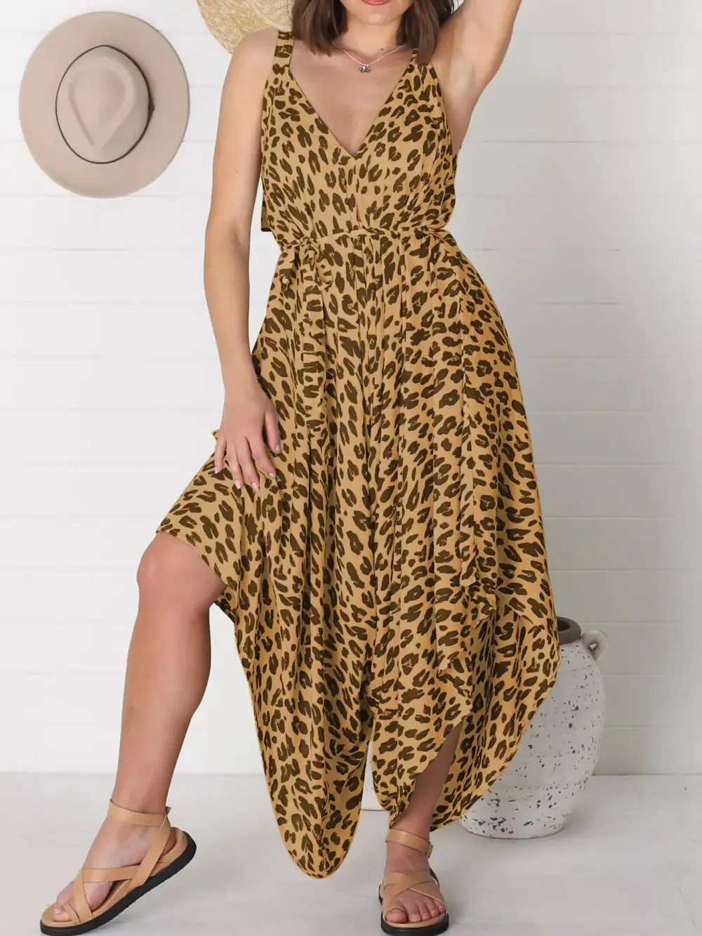 Plus Size Leopard Print V Neck Jumpsuit
