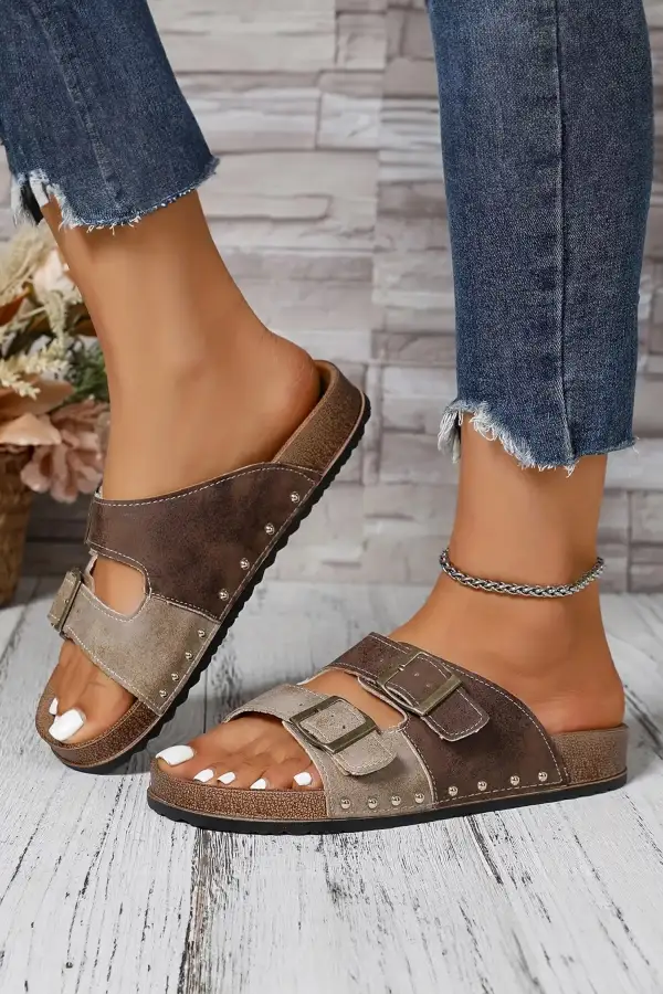 Leopard Buckle Strap Suede Sandals