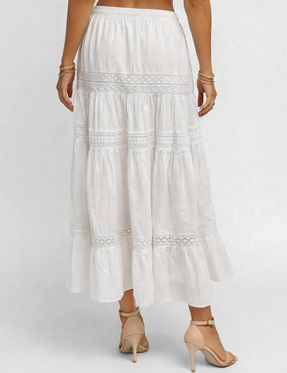 Elastic Waist Eyelet Lace Panel Tiered Maxi Skirt
