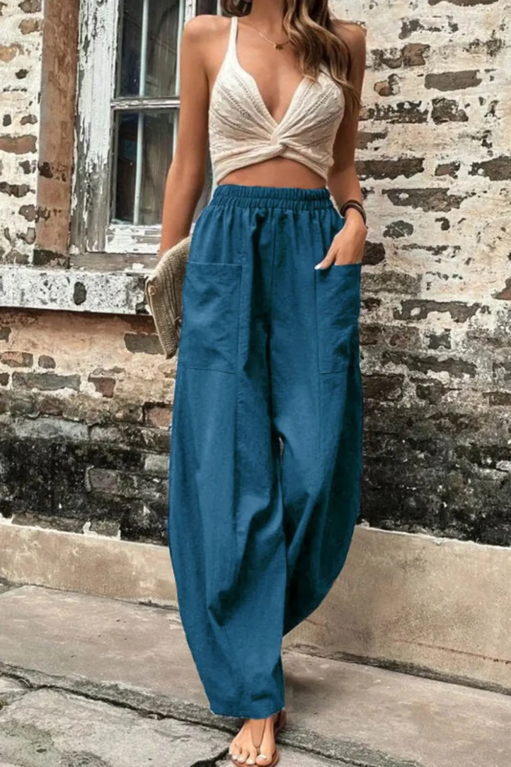 Elastic Waist Pocket Harem Pants