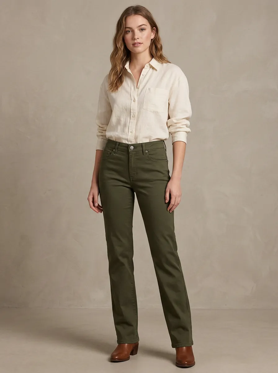 Women's Casual Style Olive Green Solid Color Cotton Pants