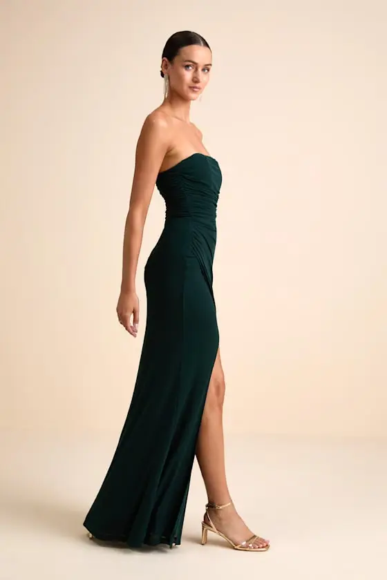 Epitome of Allure Brown Mesh Strapless Ruched Maxi Dress