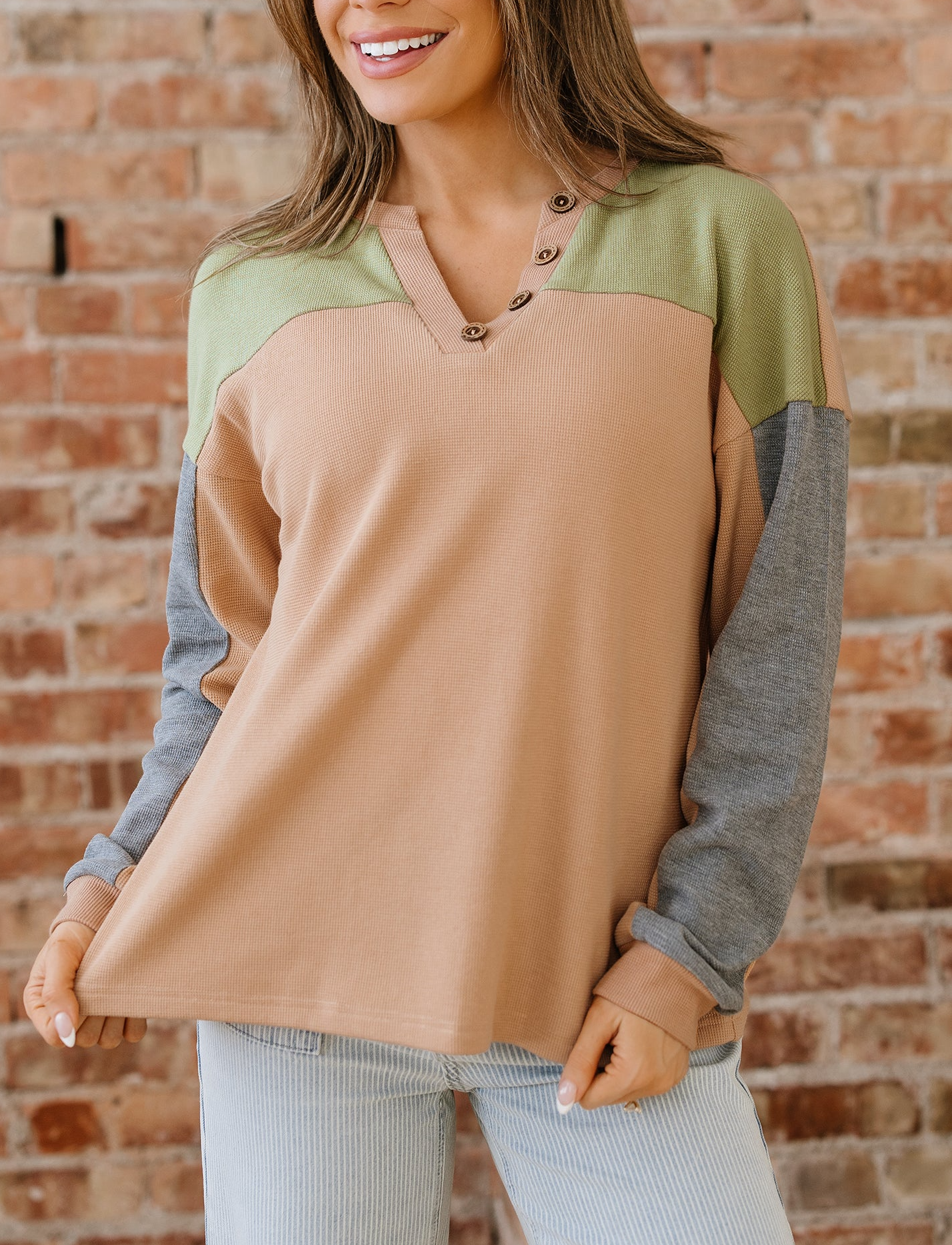 Women's Colorblock Textured Knit Henley Neck Top