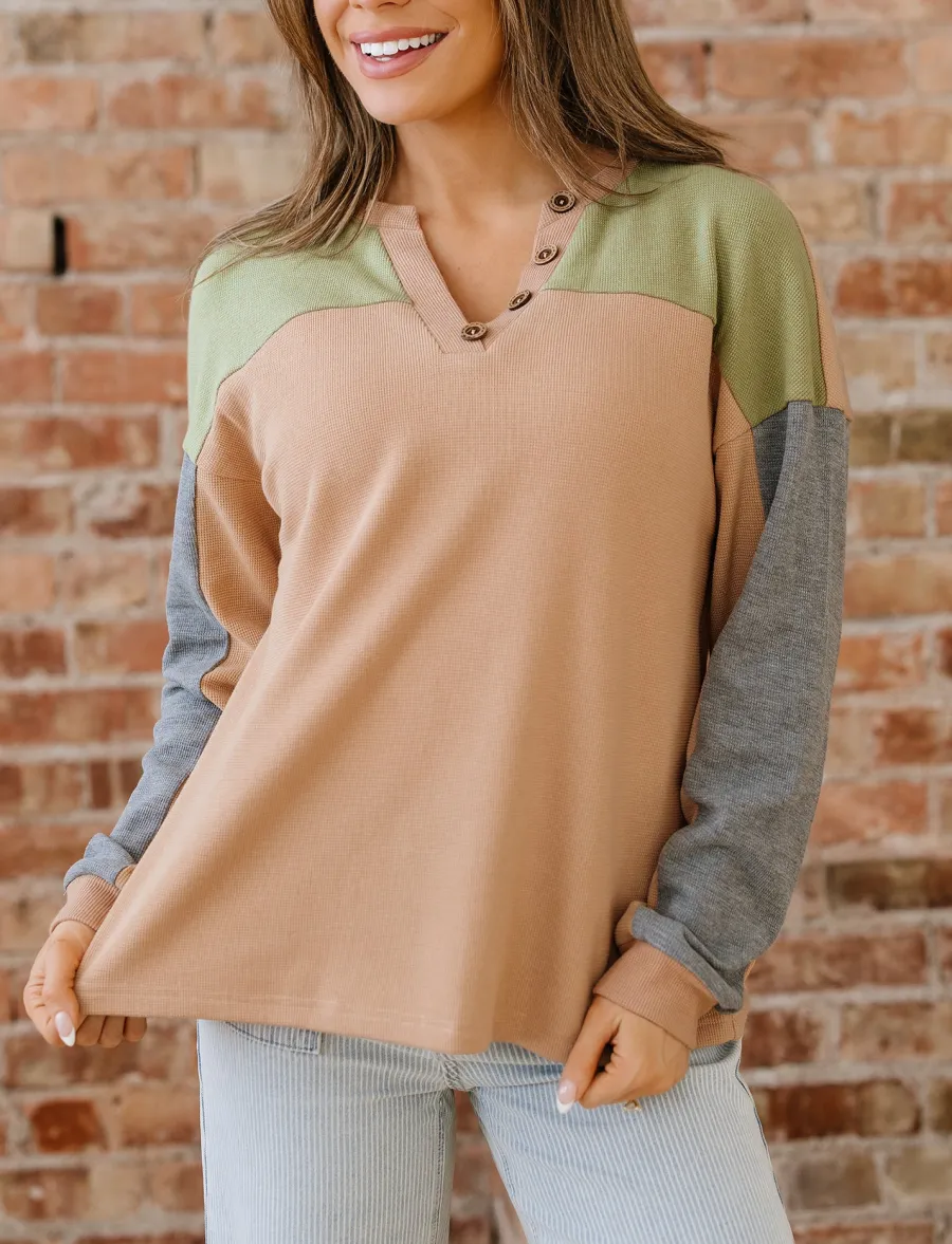 Women's Colorblock Textured Knit Henley Neck Top