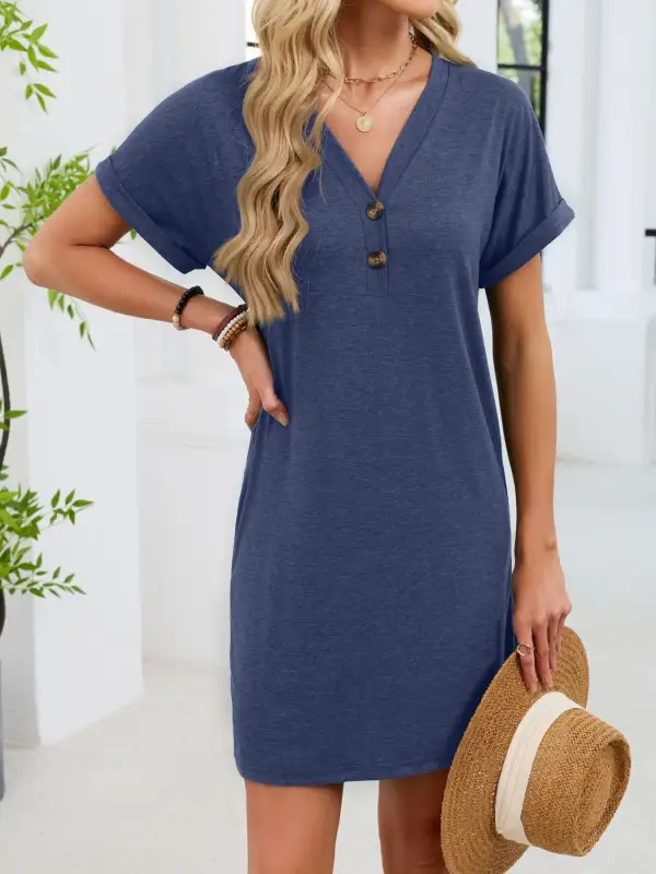 V Neck Short Sleeve Shirt Dress