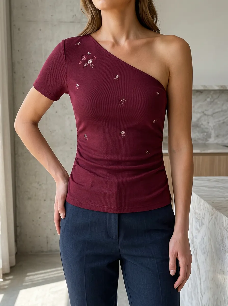 Women's Burgundy Floral Embroidered One-Shoulder Ribbed Top