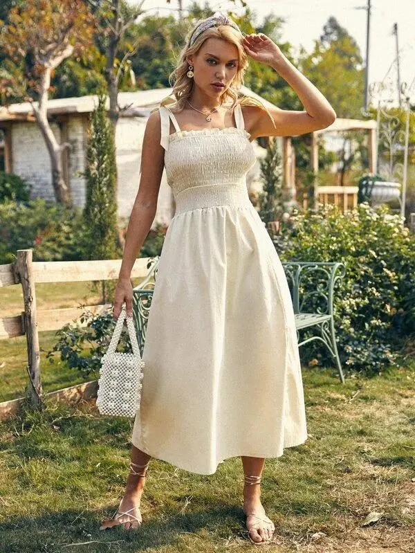 Women Solid Shirred Bodice Split Thigh Knotted Cami Dress